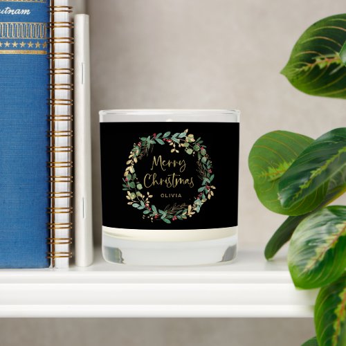 Modern Wreath and Script  Black Merry Christmas Scented Candle