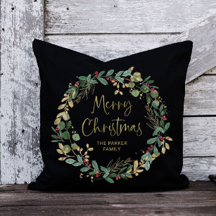 Modern Wreath and Script Black   Merry Christmas Throw Pillow