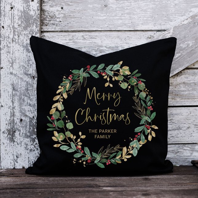 Modern Wreath and Script Black | Merry Christmas Throw Pillow (An elegant, dark black pillow for Christmas with a holiday wreath and gold script)
