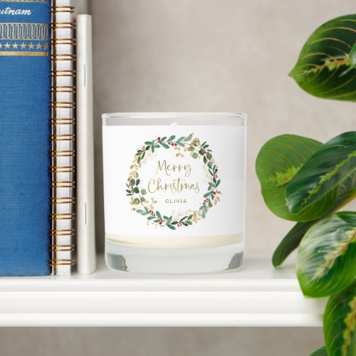 Modern Wreath and Script  Gold Merry Christmas Scented Candle
