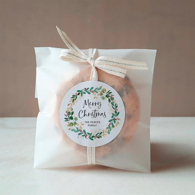 Modern Wreath and Script | Merry Christmas Classic Round Sticker (Creator Uploaded)