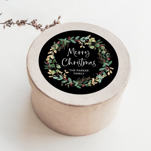Modern Wreath and Script  Merry Christmas Classic Round Sticker