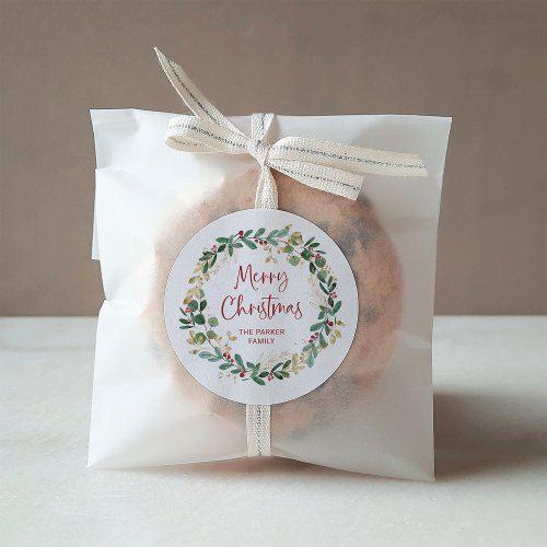 Modern Wreath and Script  Merry Christmas Classic Round Sticker