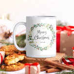 Modern Wreath and Script | Merry Christmas Coffee Mug<br><div class="desc">This simple and stylish holiday mug features a stunning watercolor wreath with green and faux gold leaves and red holly berries,  and black modern script typography that says "Merry Christmas" on a white background.</div>