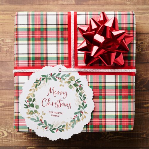 Modern Wreath and Script  Merry Christmas Ornament Card