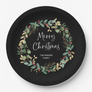 Modern Wreath and Script   Merry Christmas Paper Plates