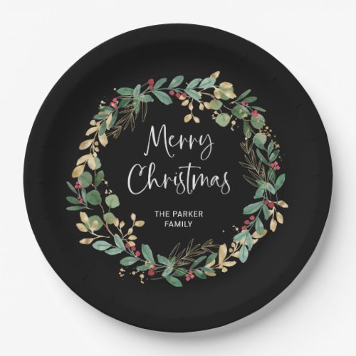 Modern Wreath and Script  Merry Christmas Paper Plates