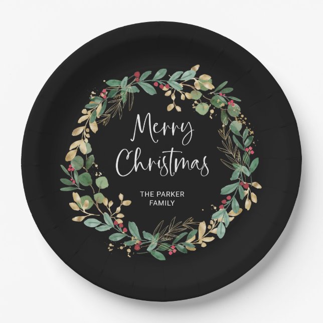 Modern Wreath and Script | Merry Christmas Paper Plates (Front)