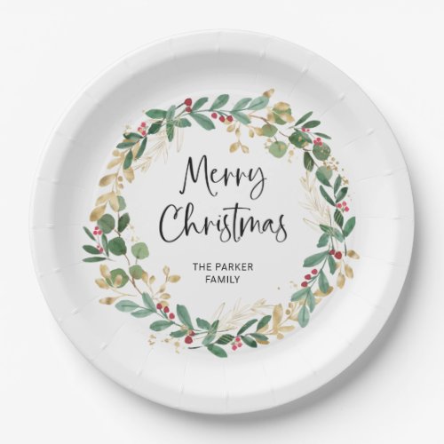 Modern Wreath and Script  Merry Christmas Paper Plates
