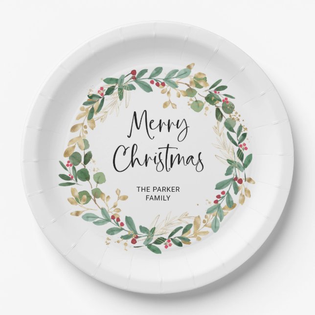 Modern Wreath and Script | Merry Christmas Paper Plates (Front)