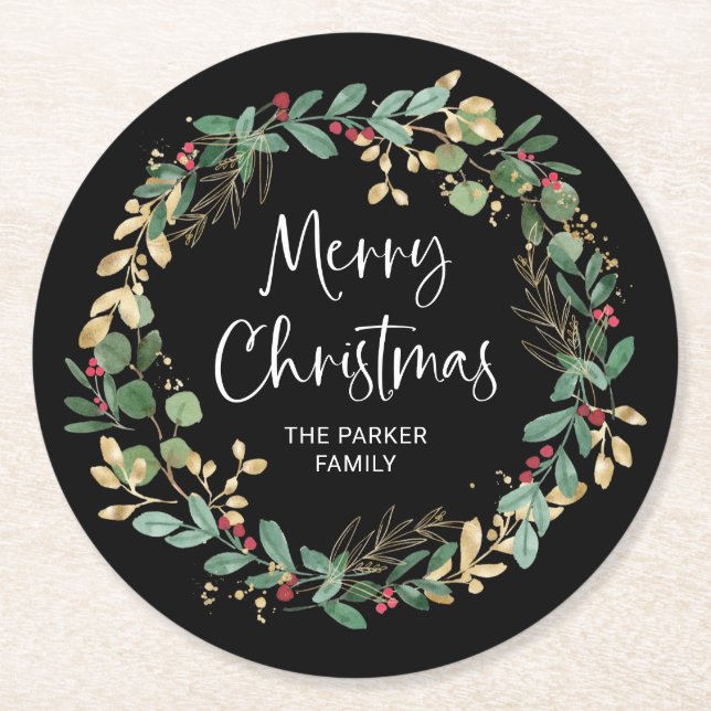 Modern Wreath and Script | Merry Christmas Round Paper Coaster (Front)