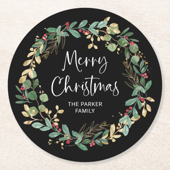 Modern Wreath and Script | Merry Christmas Round Paper Coaster | Zazzle