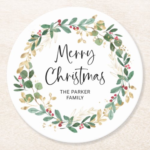 Modern Wreath and Script  Merry Christmas Round Paper Coaster