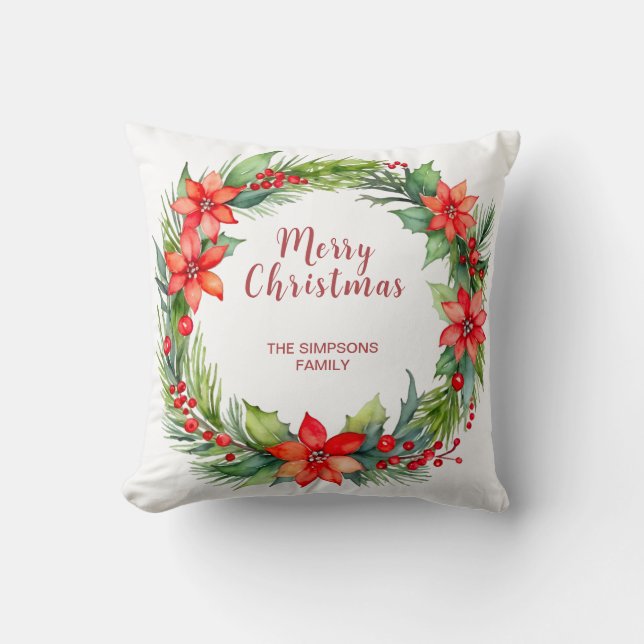 Modern Wreath and Script Merry Christmas  Throw Pillow (Front)