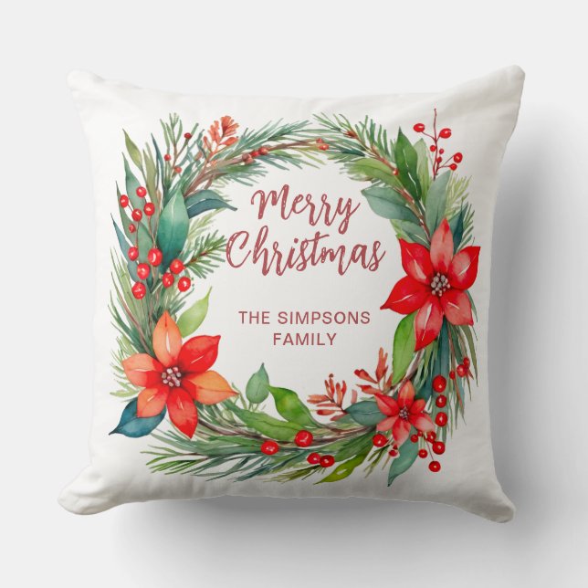 Modern Wreath and Script | Merry Christmas Throw Pillow (Front)