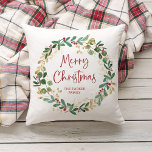 Modern Wreath and Script | Merry Christmas Throw Pillow<br><div class="desc">This simple and stylish holiday pillow features a stunning watercolor wreath with green and faux gold leaves and red holly berries,  and red modern script typography that says "Merry Christmas" on a white background.</div>