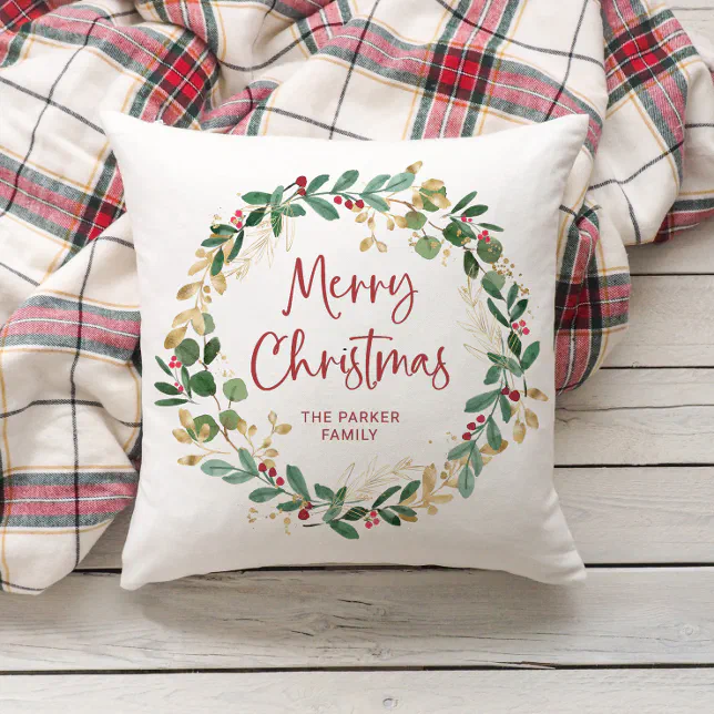 Modern Wreath and Script  Merry Christmas Throw Pillow  Zazzle