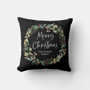 Modern Wreath and Script   Merry Christmas Throw Pillow