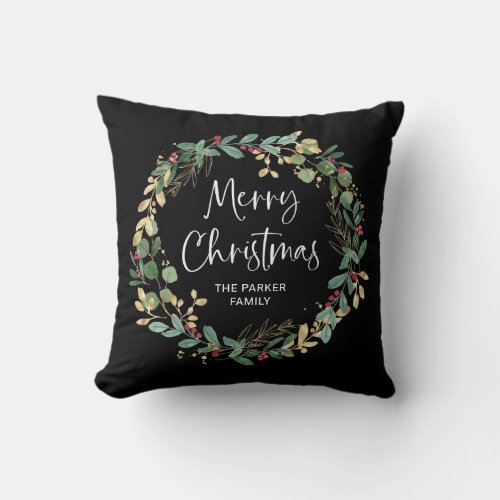 Modern Wreath and Script  Merry Christmas Throw Pillow