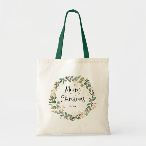 Modern Wreath and Script  Merry Christmas Tote Bag