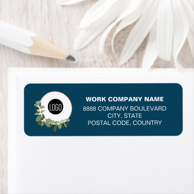 Modern Wreath Blue Company logo Christmas Label (Insitu)