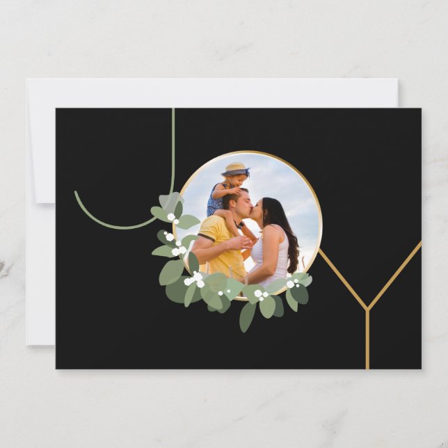 Modern Wreath Christmas Joy Family Photo Chic Holiday Card (Front)