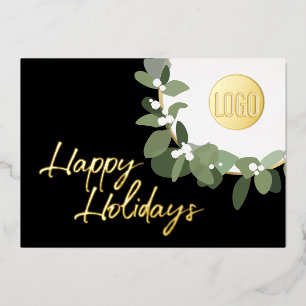 Modern Wreath Corporate Logo Gold Foil Holiday Card