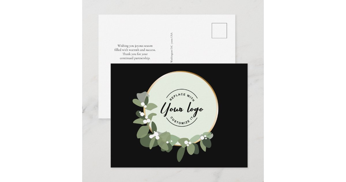 Modern Wreath Custom Logo business thank you Holiday Postcard | Zazzle