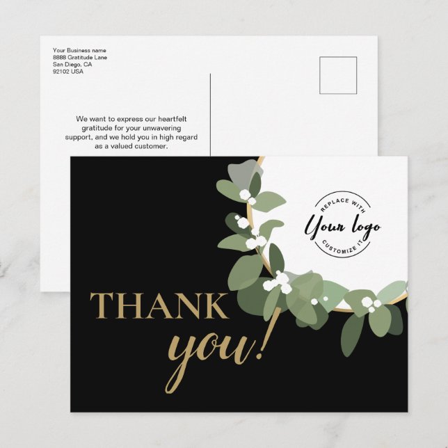 Modern Wreath custom logo Business Thank you   Holiday Postcard (Front/Back)