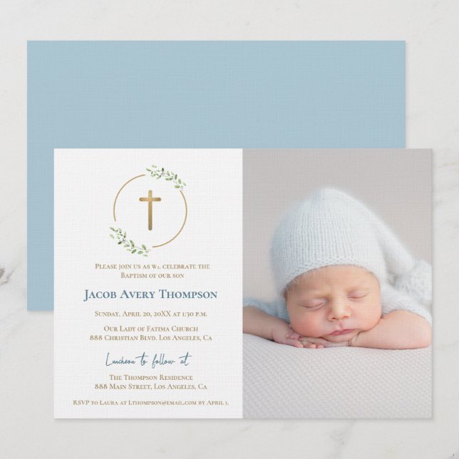 Modern Wreath Gold Cross Baby baptism Photo Blue Invitation (Front/Back)
