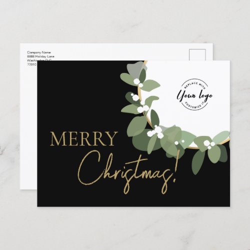 Modern Wreath Gold Merry Christmas Corporate Holiday Postcard