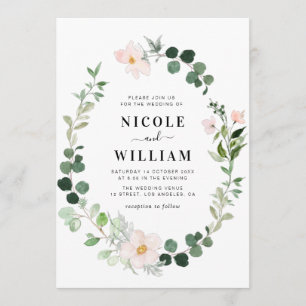 modern wreath green and blush floral wedding invitation