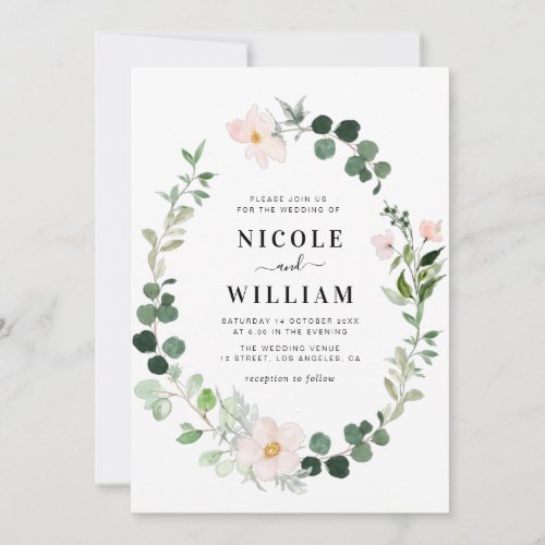 modern wreath green and blush floral wedding invitation