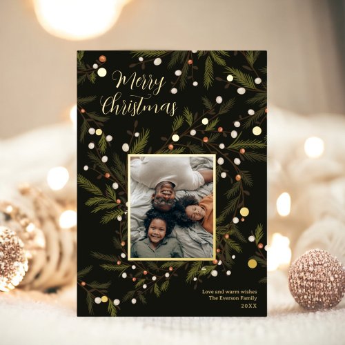 Modern wreath green Christmas family 4 photos Foil Holiday Card