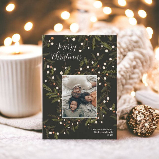 Modern wreath green Christmas family 4 photos Holiday Card (Modern wreath green Christmas family 4 photos Holiday Card)