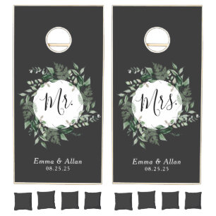 Modern wreath greenery wedding activity cornhole set