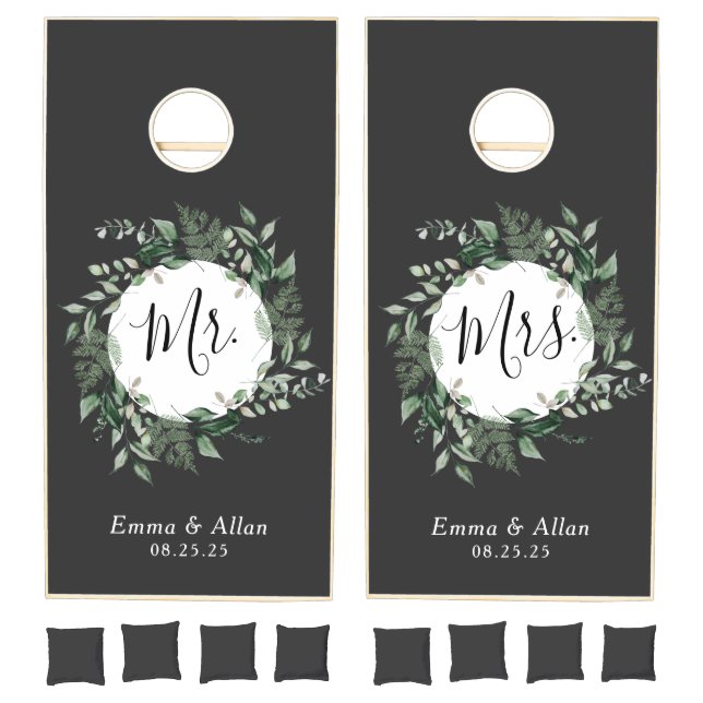 Modern wreath greenery wedding activity cornhole set (Set)