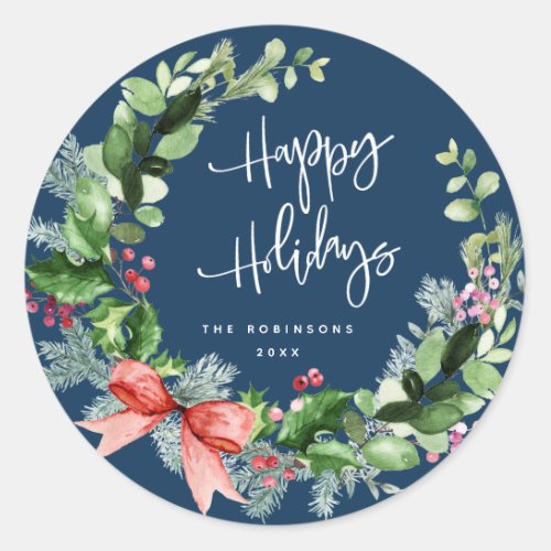 Modern wreath happy holidays classic round sticker