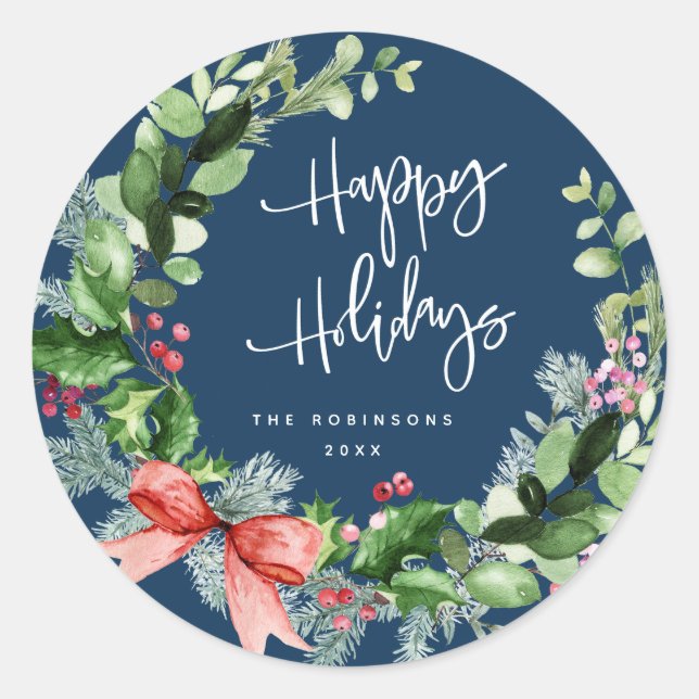 Modern wreath happy holidays classic round sticker (Front)