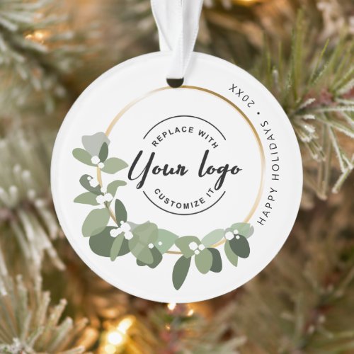 Modern Wreath Happy Holidays Your Logo Promotional Ornament
