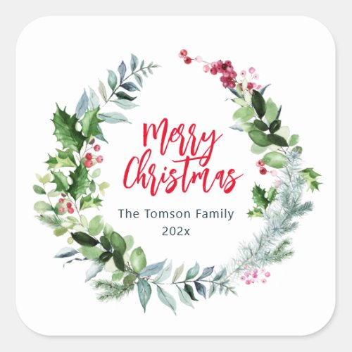 modern wreath holiday red brush script square sticker