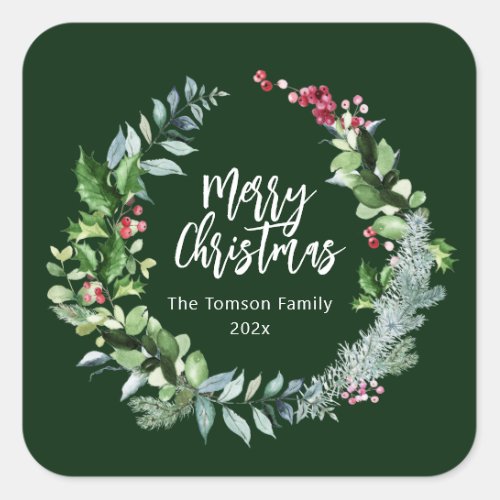 modern wreath holiday script christmas square sticker