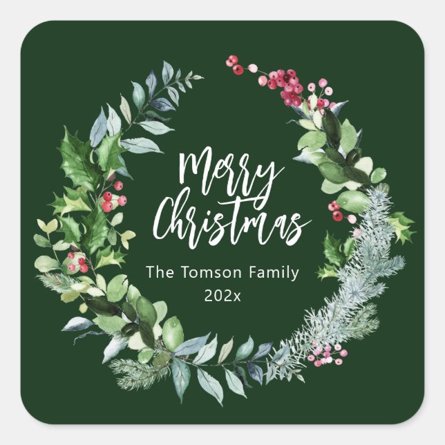 modern wreath holiday script christmas square sticker (Front)