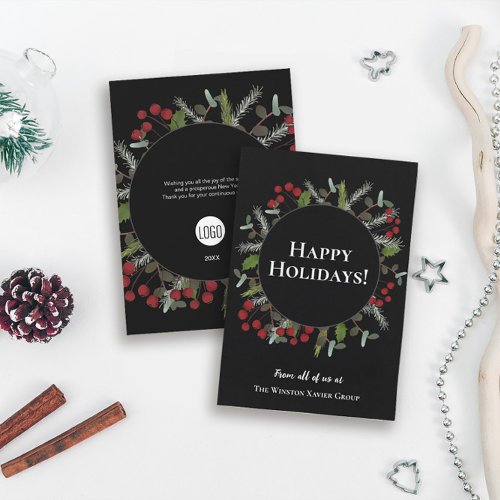 Modern Wreath Holly Corporate with logo  Holiday Card