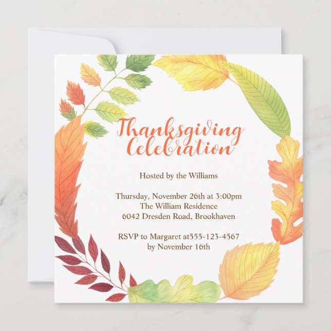 Modern Wreath Orange Fall Leaves Thanksgiving Invitation (Front)