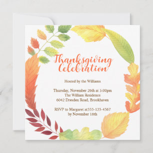 Modern Wreath Orange Fall Leaves Thanksgiving Invitation