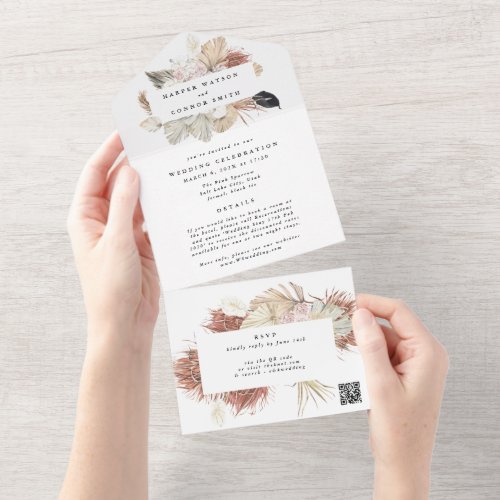 Modern Wreath Pampas Grass QR CODE Wedding All In One Invitation