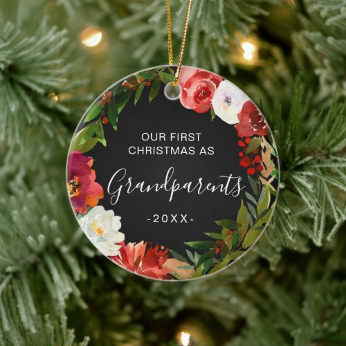 Modern Wreath Photo Elegant Grandparents Ceramic Ornament