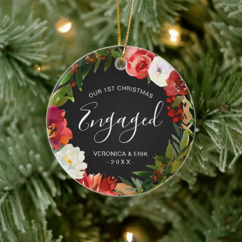 Modern Wreath Photo First Christmas Engaged Ceramic Ornament