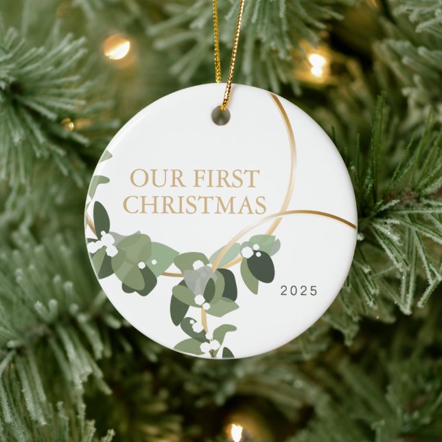Modern wreath Photo Our first Christmas Married  Ceramic Ornament (Tree)